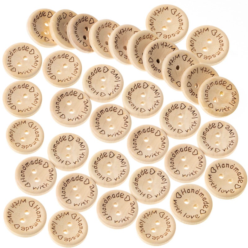 NUOMI 100Pcs Cute Wooden Craft Buttons 2 Holes 'Handmade with Love' Tags Labels for Sewing Clothing Accessories, DIY Crafting Projects Decorations 20mm - Image 1